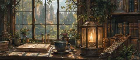 A warm study with books, lantern light, and a window into mountains.