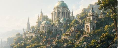 Pale domed city rising through greenery and mist.