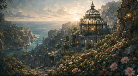 Sunlit glasshouse on a cliff above a bright fantasy harbor.